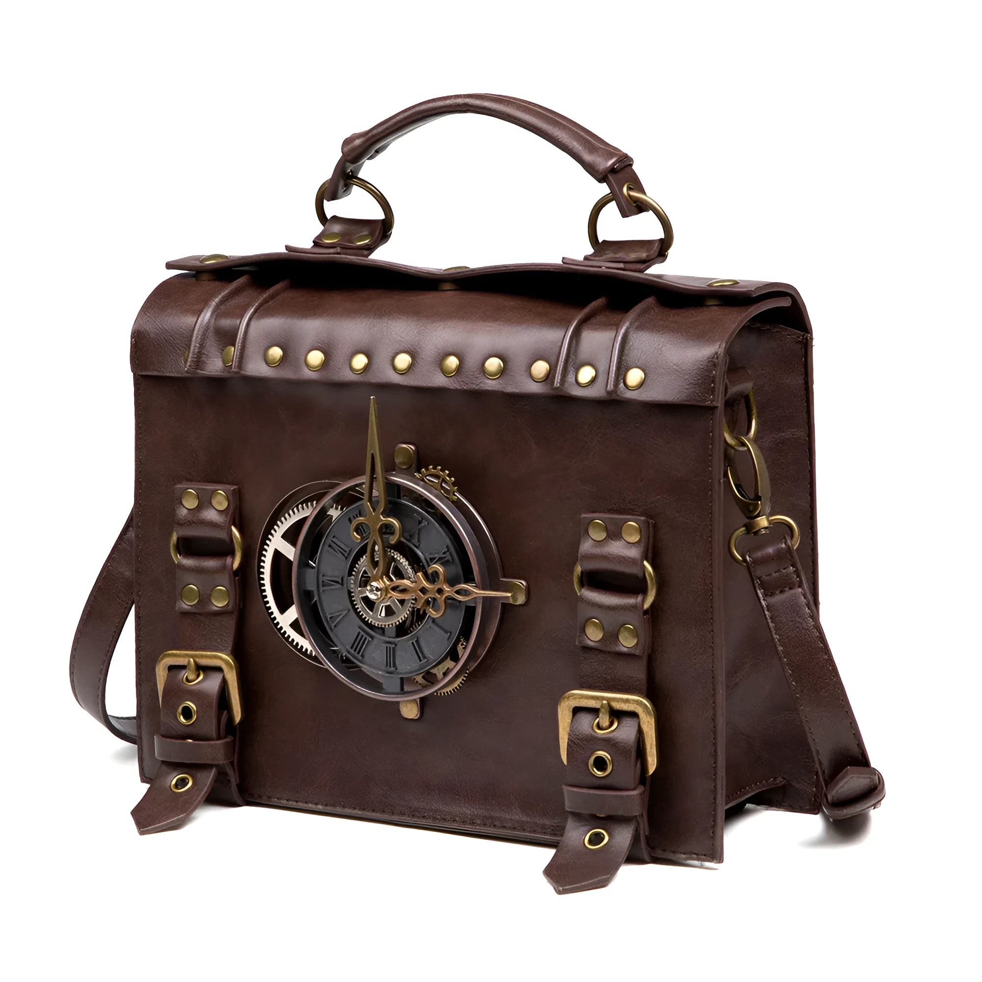 Bronze steampunk industrial retro shoulder bag with metal accents and pillow bag shape