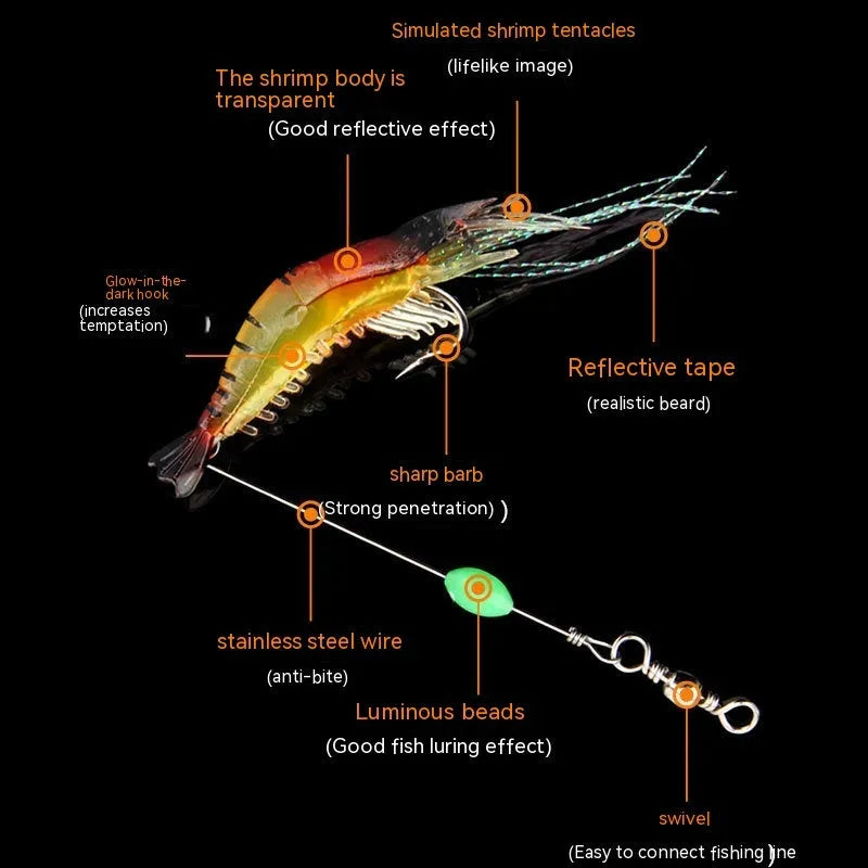 Six soft fishing lures with hooks in colours including black head yellow body, pink luminous, and red head yellow body.