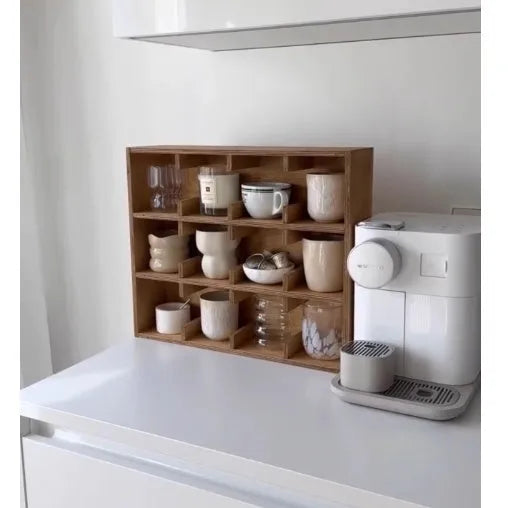 Solid wood square cup storage rack with multiple grid compartments in birch meridian colour