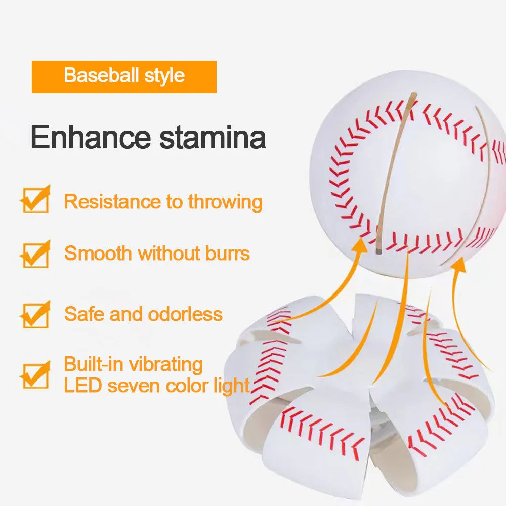 Glowing bouncy ball dog toy that transforms into flying disc for outdoor training