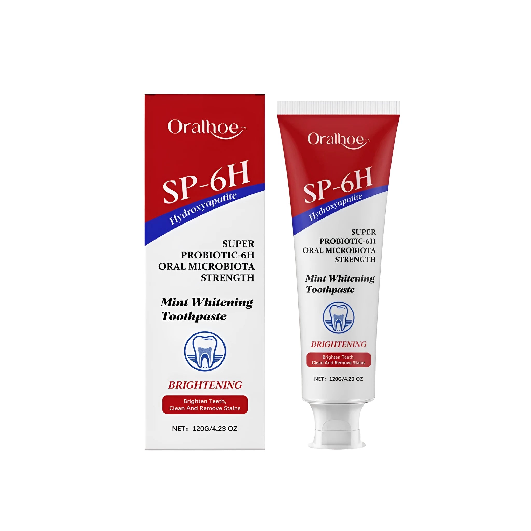 120g tube of Mint Bright White Toothpaste with hydroxyapatite and lactobacillus fermentation product.