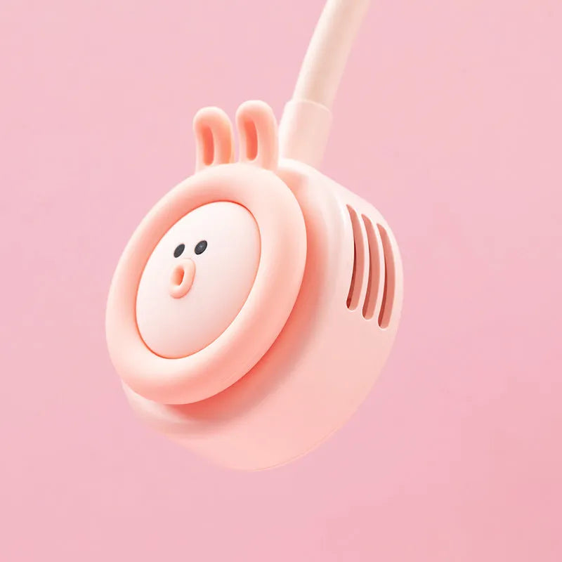Pink and blue Sanhuo leafless hanging neck fan folded and unfolded showing USB port.