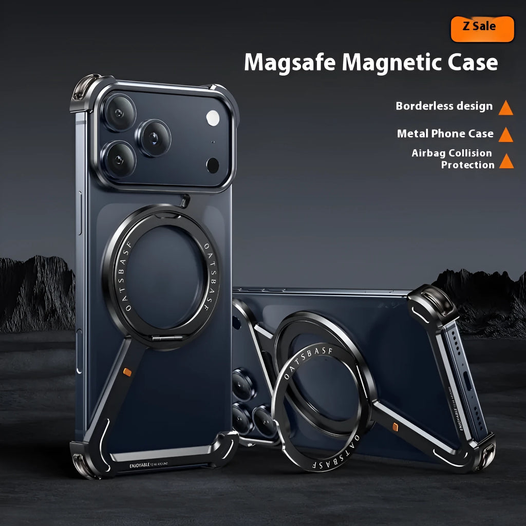 Black metal iPhone 17 Pro Max case with integrated magnetic bracket on the back.