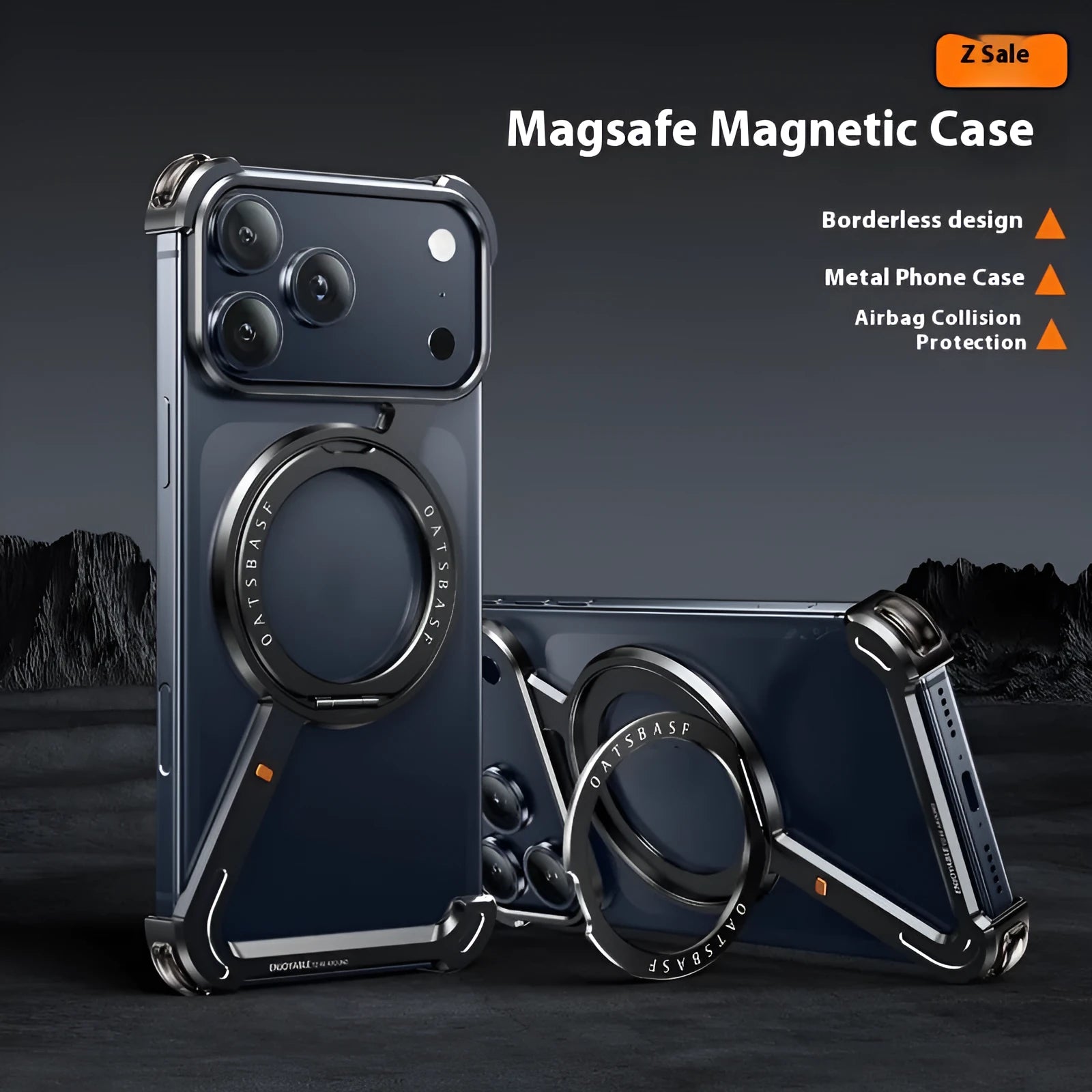 Black metal iPhone 17 Pro Max case with integrated magnetic bracket on the back.
