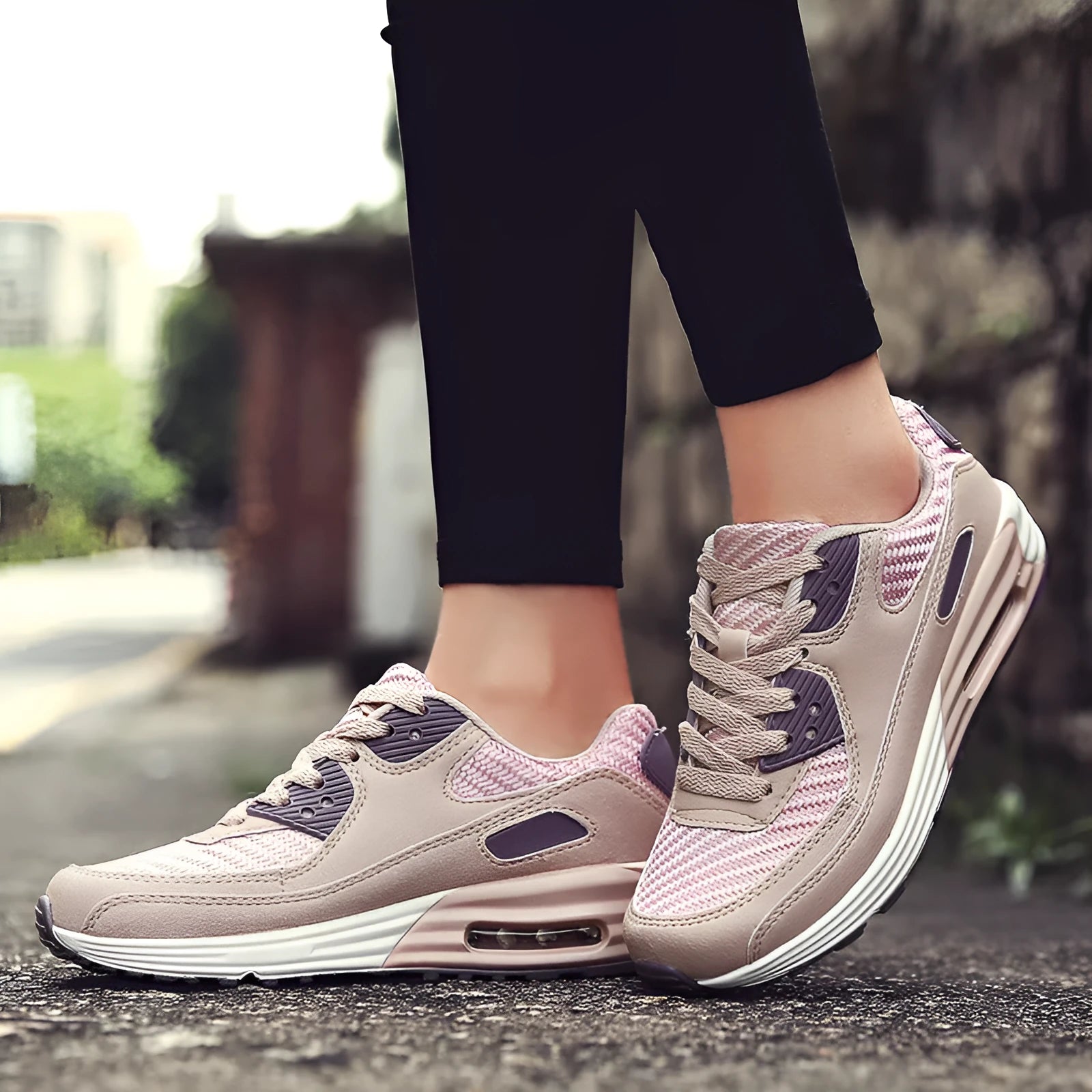 Women's low-heel casual shoes in beige orange, grey, or pink purple, showing a 3.5 cm heel.
