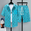 Men's grey casual sports two-piece set with short sleeve top and shorts on a hanger.
