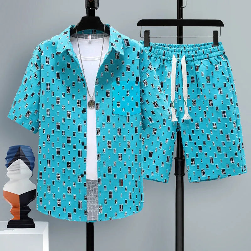 Men's grey casual sports two-piece set with short sleeve top and shorts on a hanger.