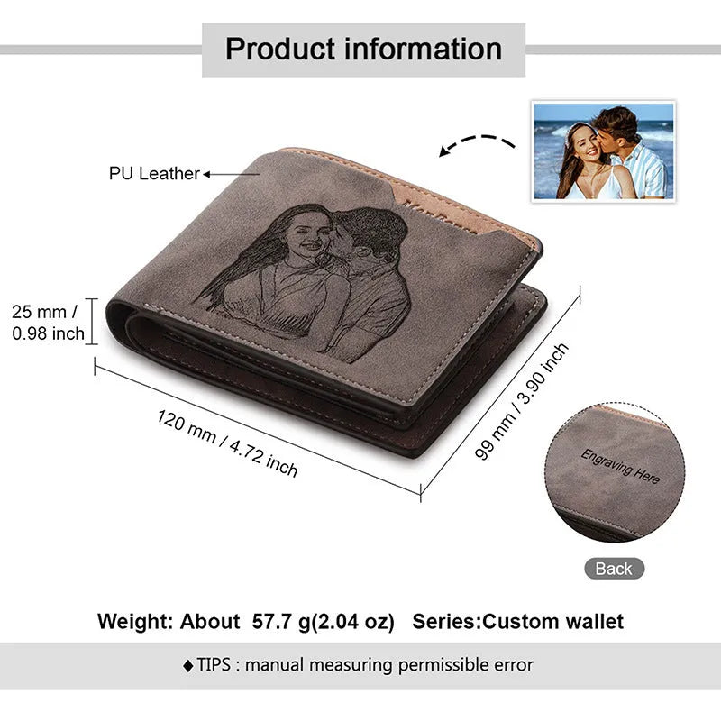 Coffee-coloured engraved horizontal short wallet showing personalised photo engraving and seven card slots