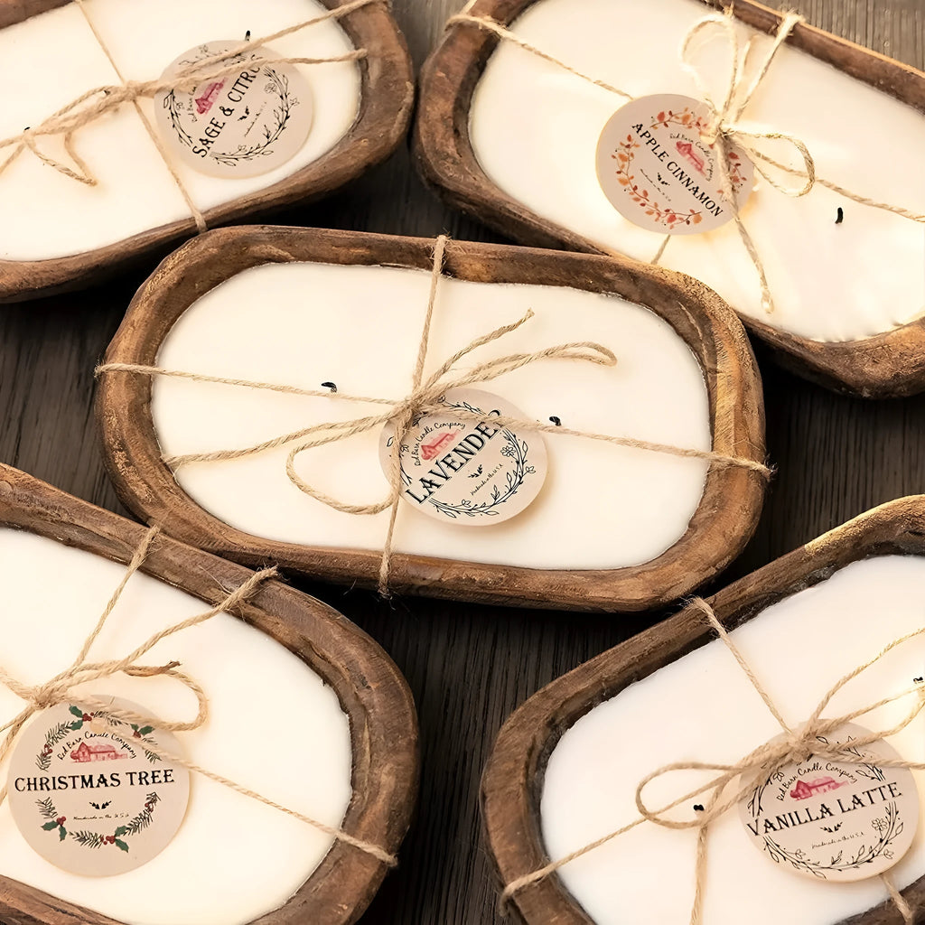 Lavender-scented soy wax aromatherapy candle in a light wooden basin.