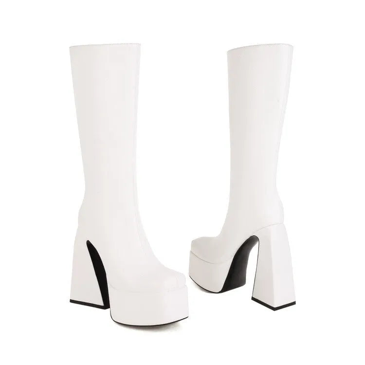 Women's black high boots with artificial PU leather upper showing side view