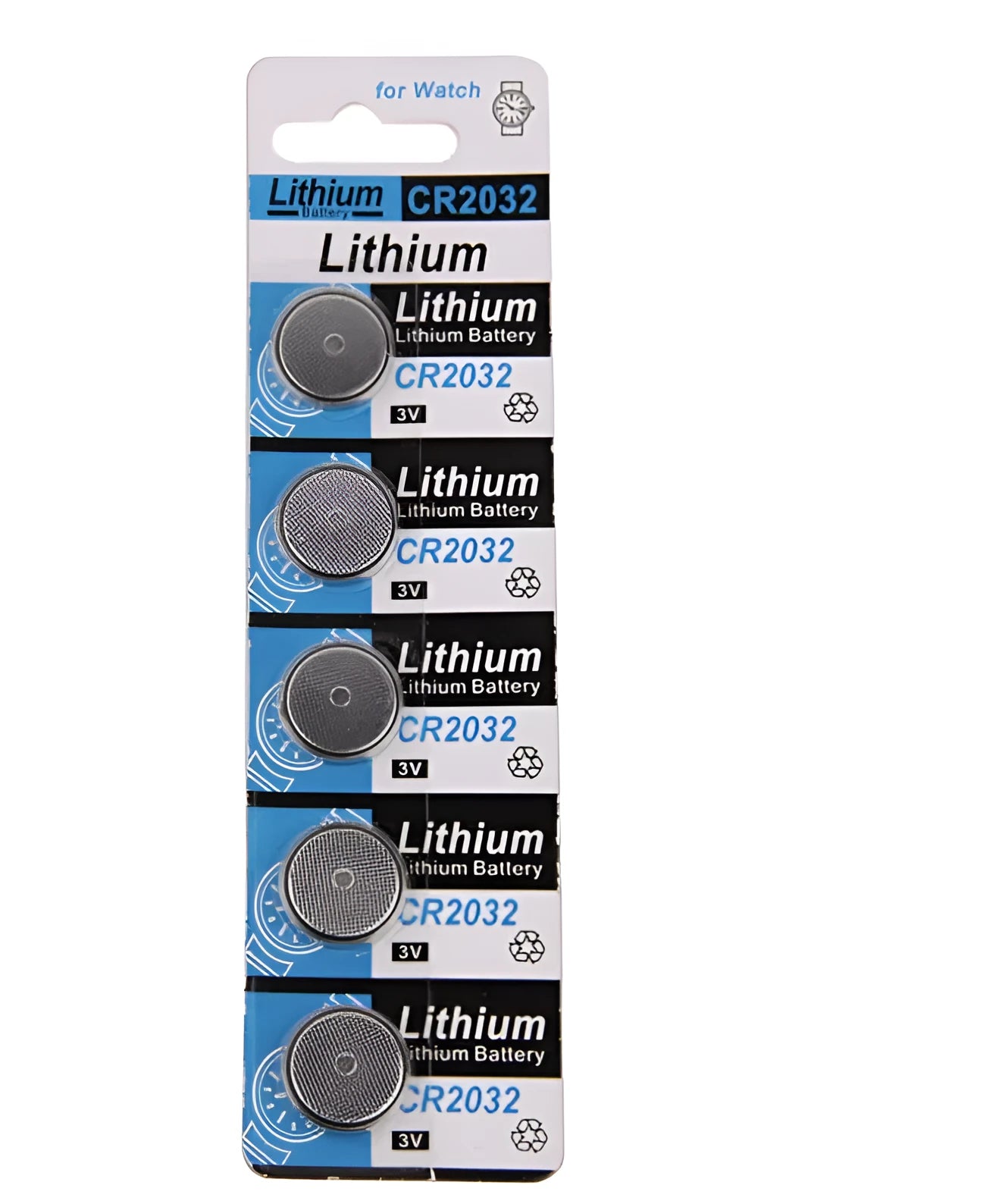 A card of five round, silver CR2032 3V lithium button batteries.