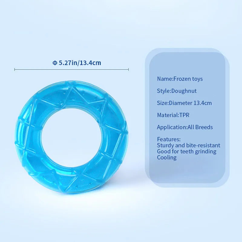 Set of three water-filled dog cooling toys: a blue pacifier, a red popsicle, and a green ring shape.