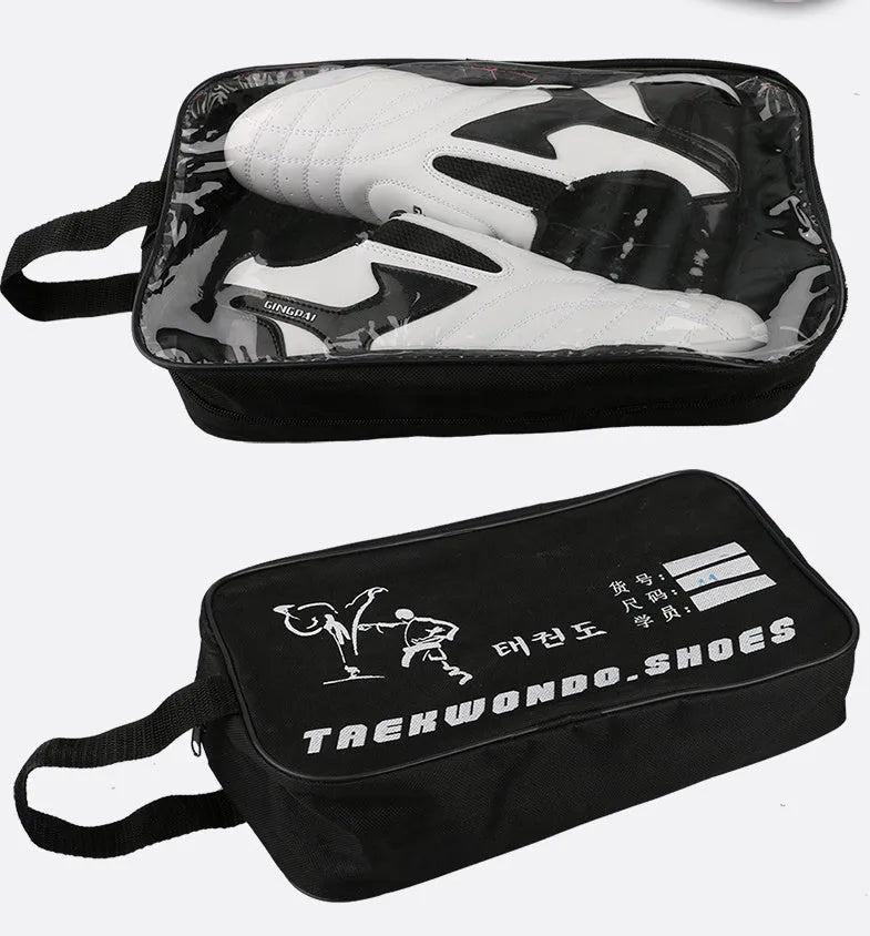 Black and white children's martial arts training shoes with soft bottom and widened design