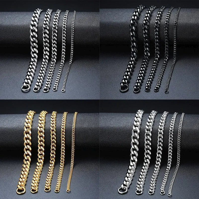 Geometric six-sided Cuban link metal bracelet shown in gold, black and steel colour finishes with varying widths from 3mm to 11mm.