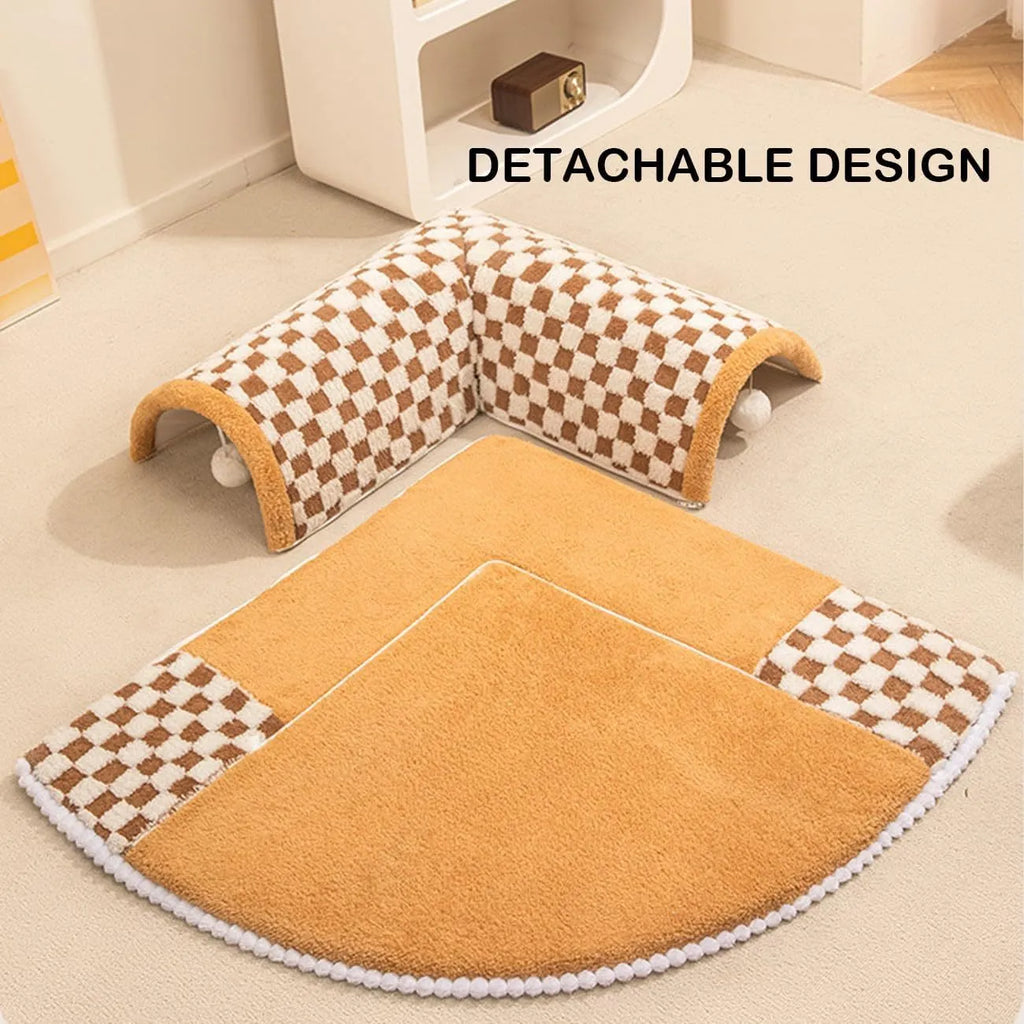 Fan-shaped plaid pet bed with integrated tunnel for dogs and cats in coffee colour, showing soft plush fabric.