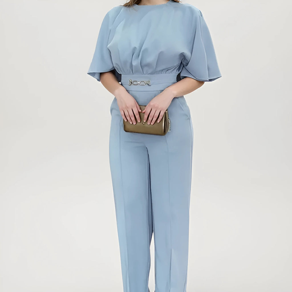 Blue polyester men's business suit with long-sleeved jacket and matching trousers
