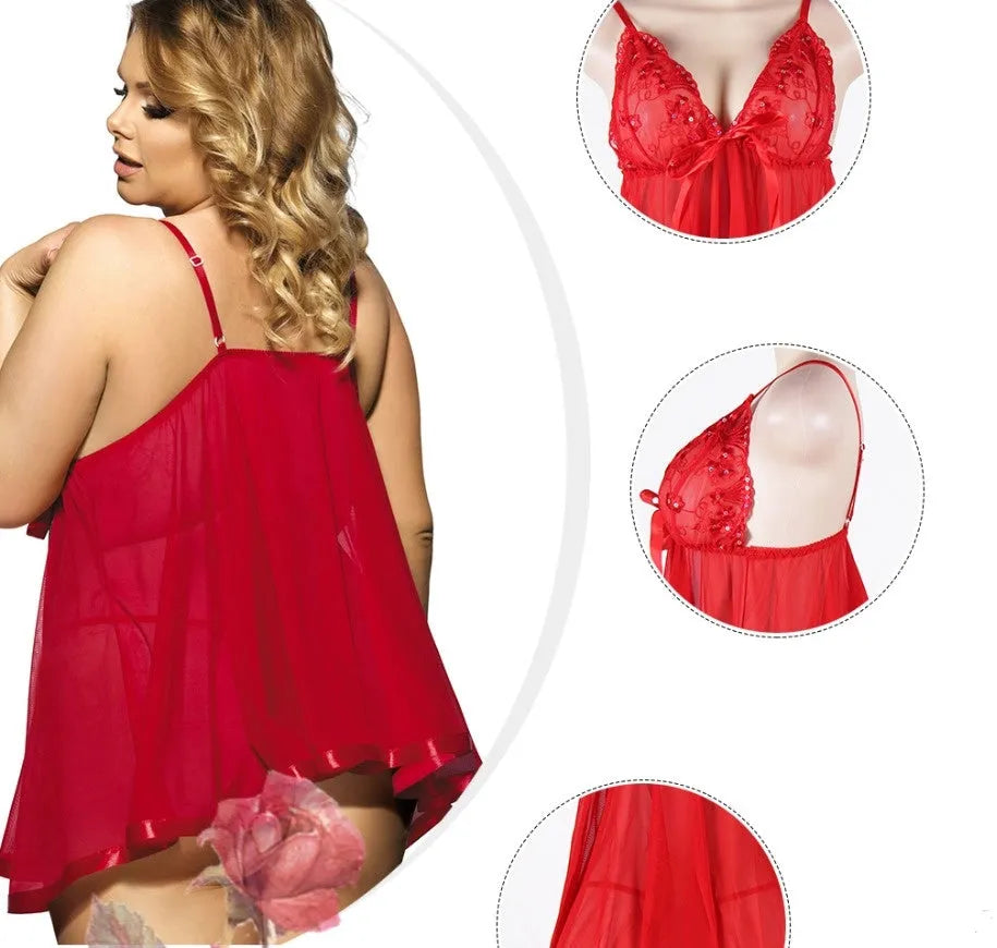 Women's plus size black mesh and lace lingerie sleep dress on a hanger.