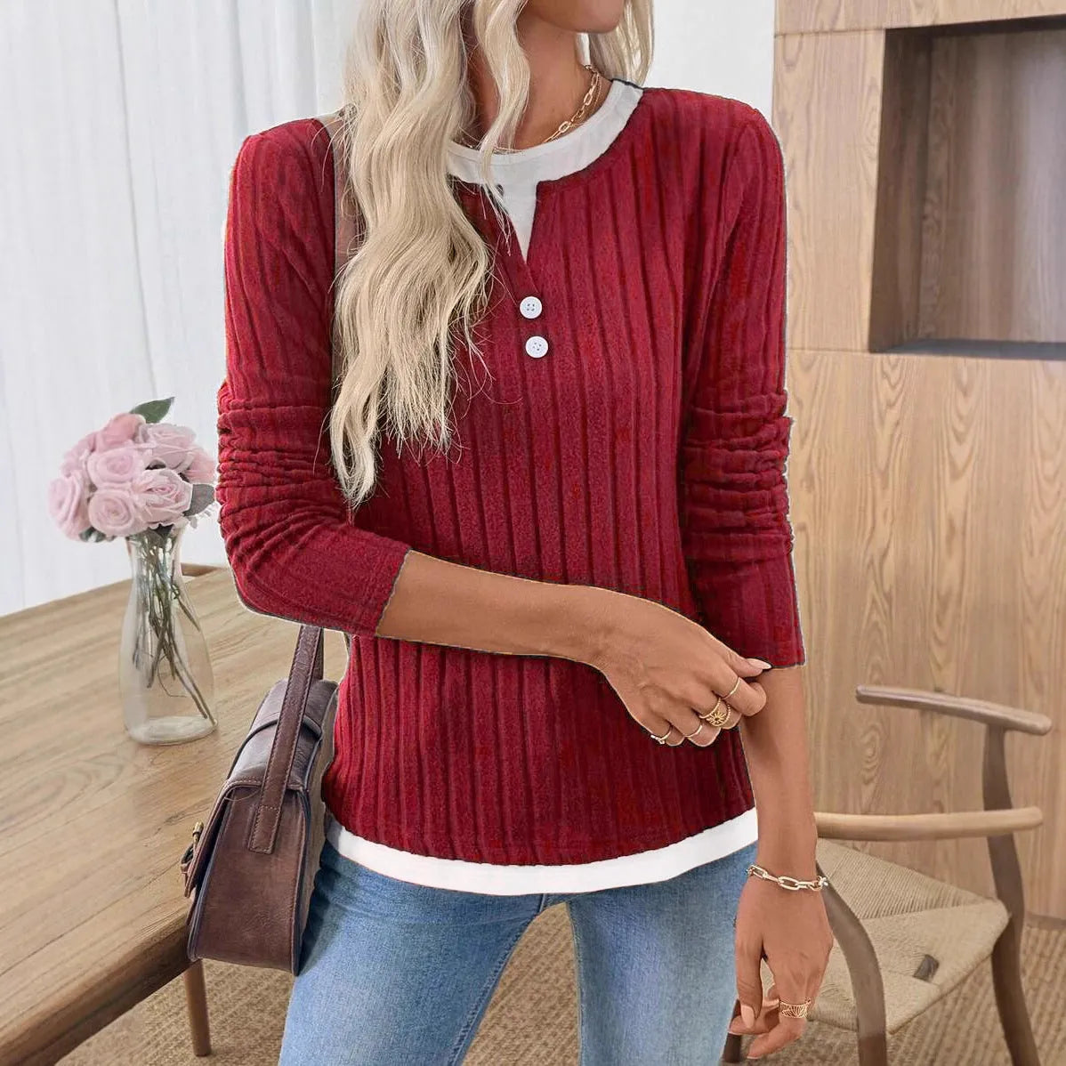 Women's fake two-piece round neck button pullover sweater in concave stripe polyester fabric