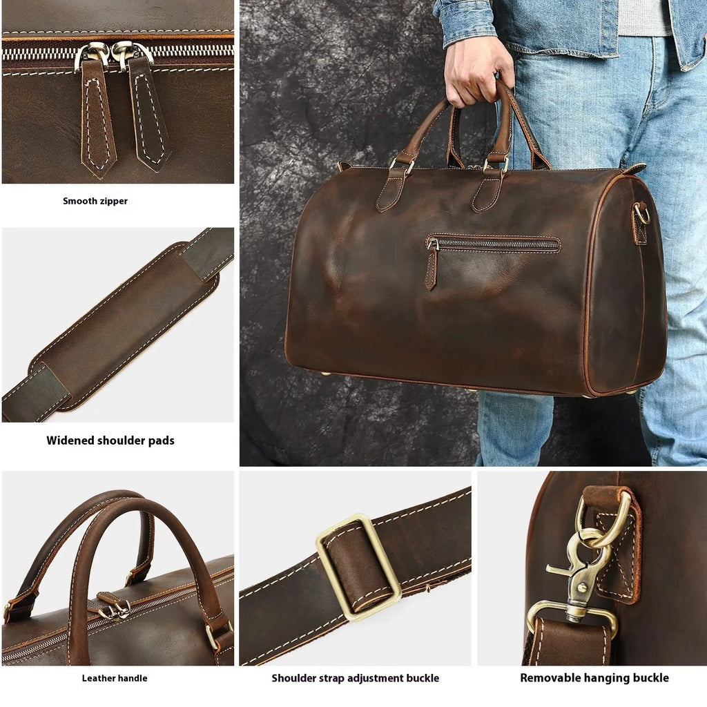 Men's vintage leather crossbody bag showing genuine cowhide construction with substantial 48.3cm width