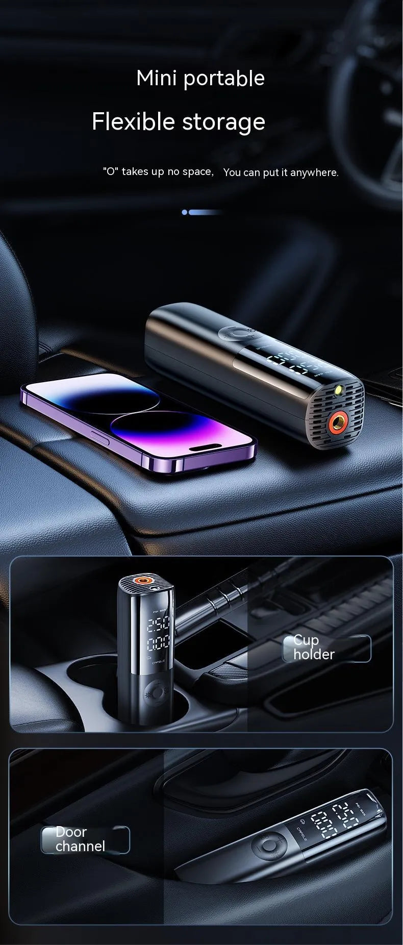 Black portable electric car air pump with tyre pressure gauge and inflation tube