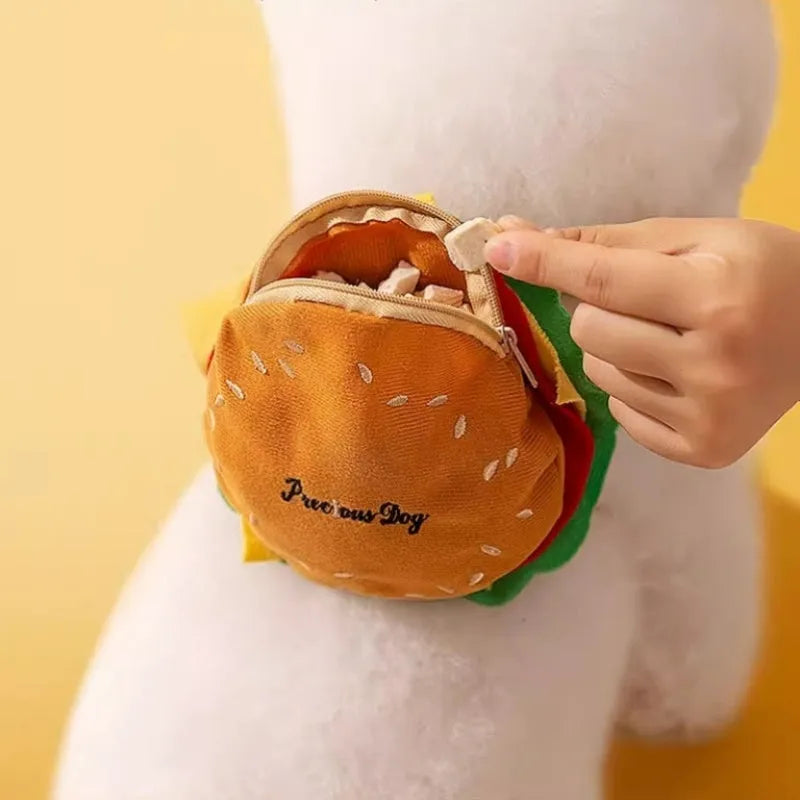 Cartoon hamburger design adjustable vest leash harness for a dog on a walk.