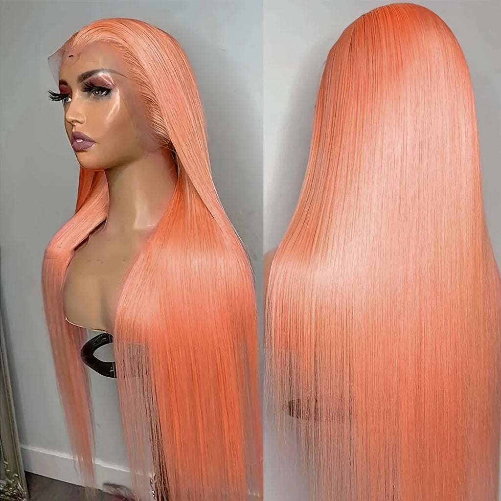 Light orange long straight synthetic wig with front lace and side bangs