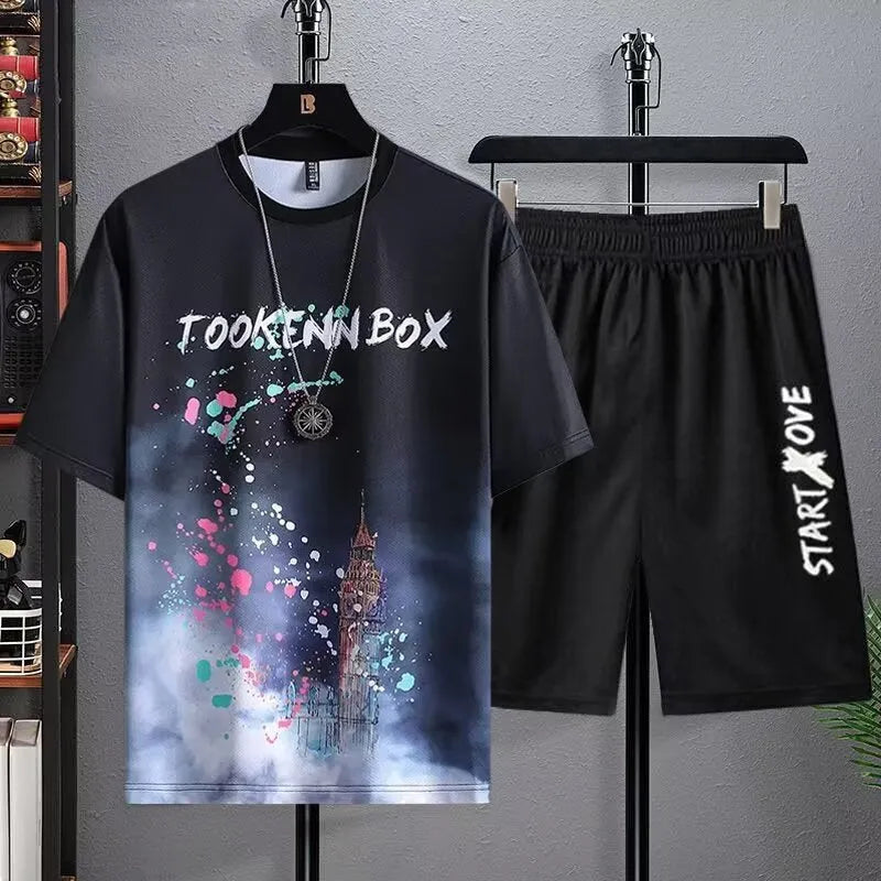 Men's thin polyester summer tracksuit set with short sleeve top and shorts in a casual colour.