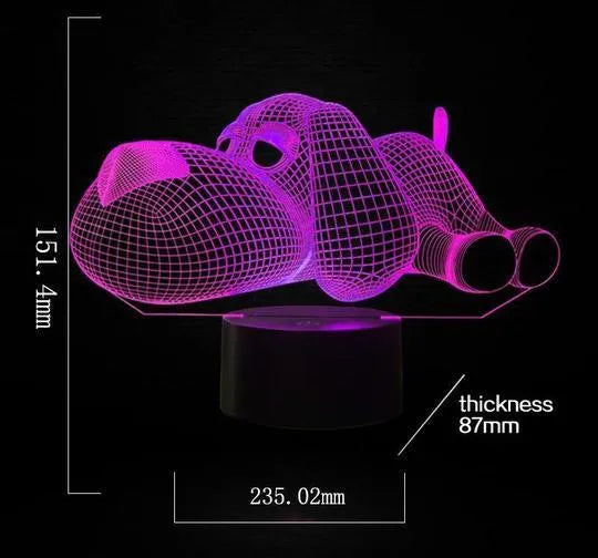 3D illusion dog desktop lamp glowing in multiple colours with USB and battery power options
