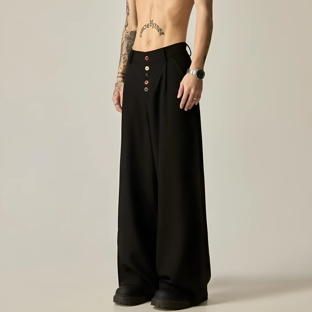Men's black wide-leg casual trousers with straight-leg design and mid waist