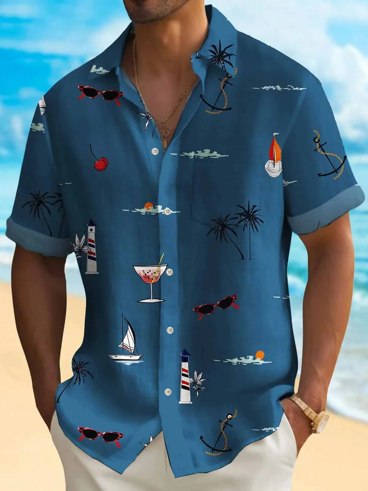 Men's loose fit Hawaiian shirt with colourful digital print pattern and short sleeves.