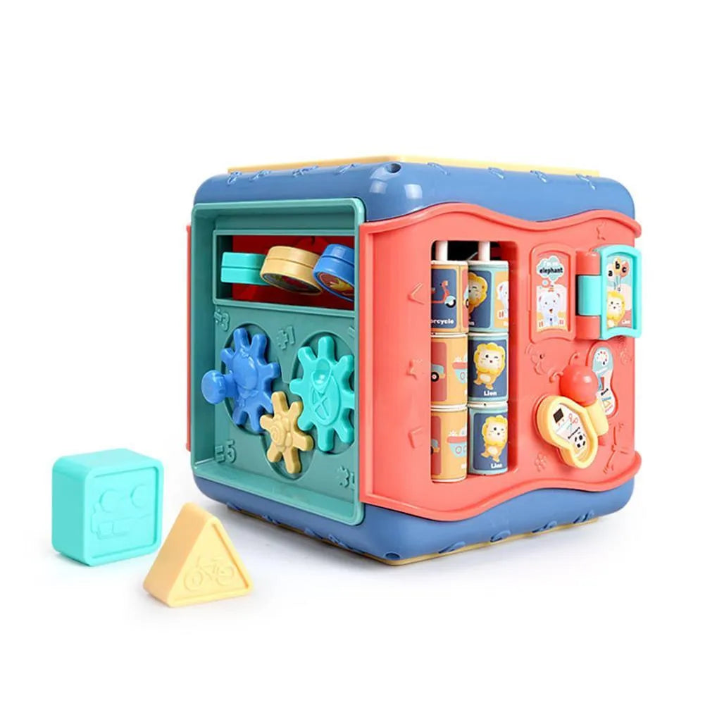 Six-sided baby educational toy cube showing multiple activity faces including bead maze and gear connections