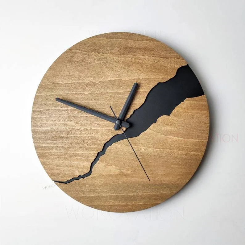 Modern wooden wall clock with a crackle texture finish shown in one of five available colour options.