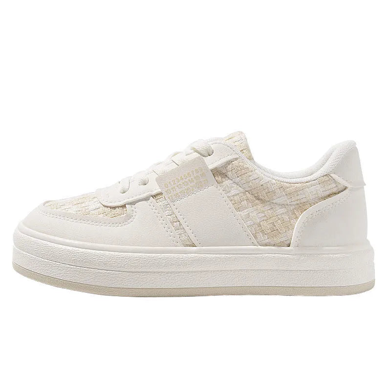Beige plaid platform sports shoes with lace-up front and rubber soles