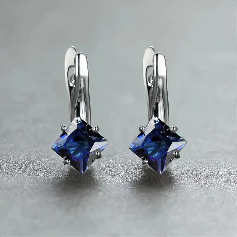 Copper earrings with diamond-design zircon inlay in blue, green, or colour options