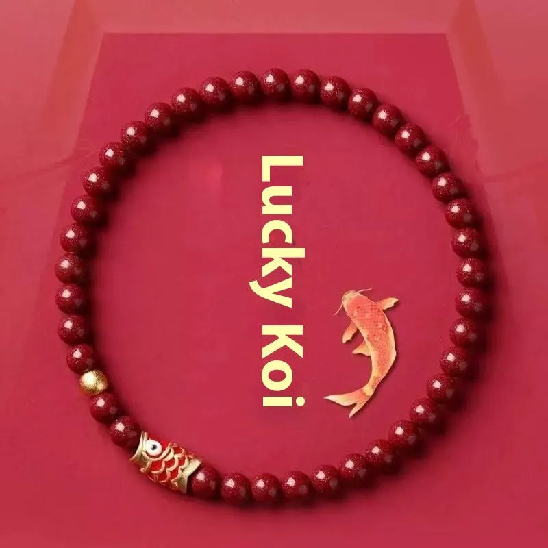 Natural raw ore cinnabar koi bracelet with golden ball model in national style