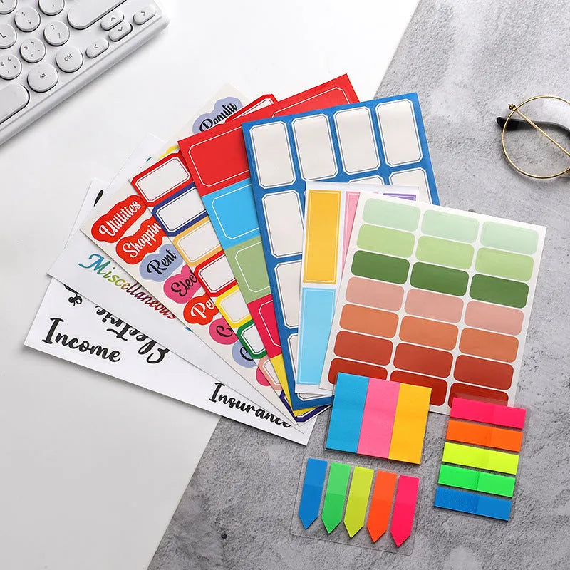 Handwritten German adhesive stickers in white colour showing grid configurations and colour sticky note options