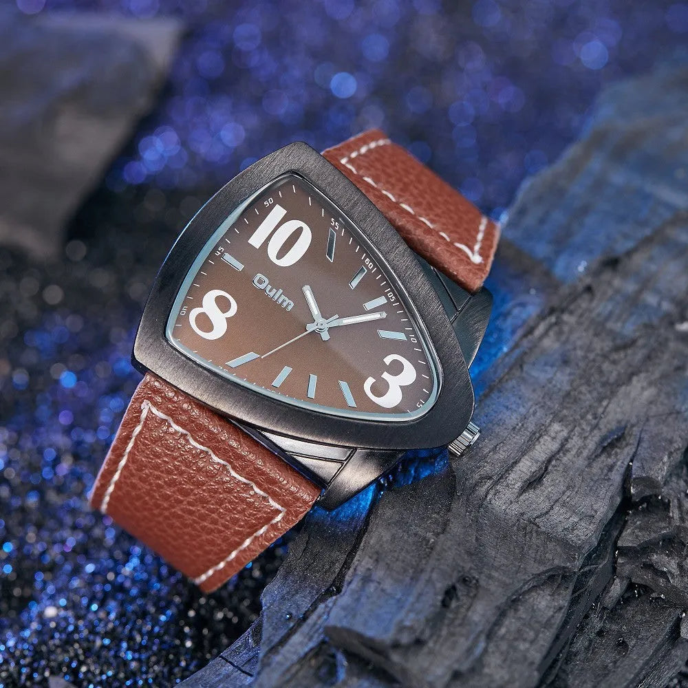 Men's casual watch with triangle belt strap in brown, shown from the side highlighting its 9mm thickness.