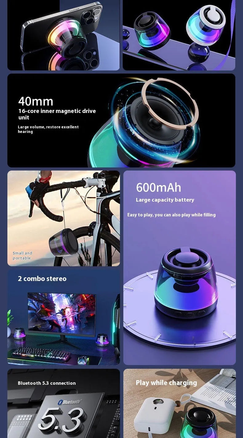Portable wireless Bluetooth speaker with magnetic attachment and LED lighting in black or white