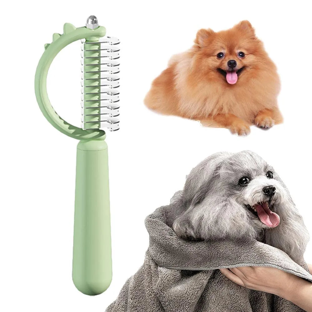 Blue dinosaur-shaped self-cleaning cat brush with stainless steel bristles on a white background.