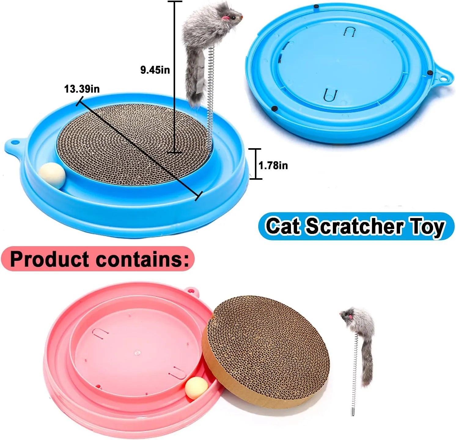Circular cat scratching toy with ball track and textured centre pad in blue colour
