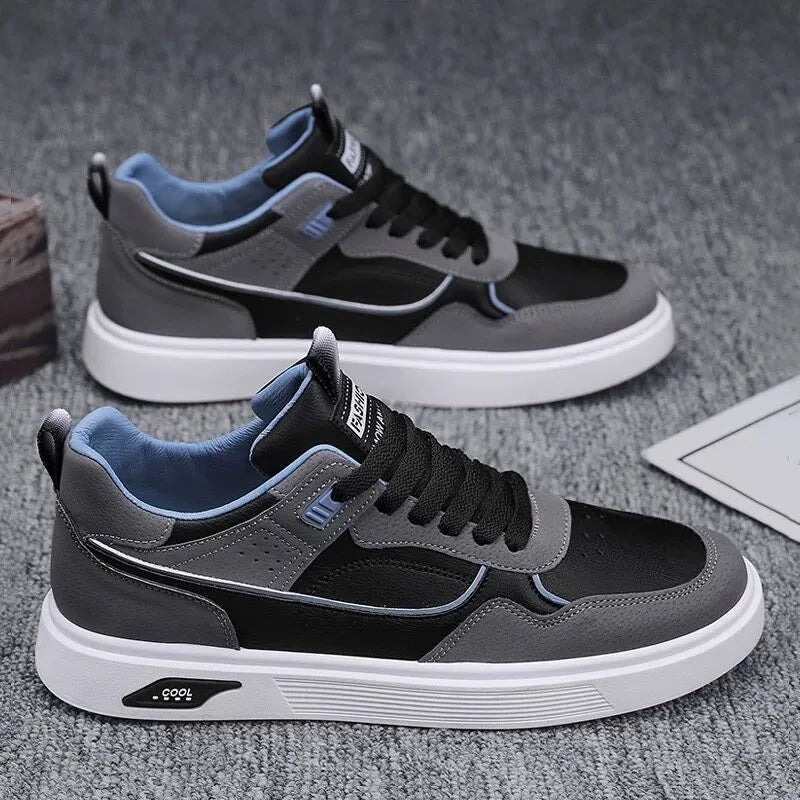Men's canvas board shoes in black with mesh lining and leather stitching details