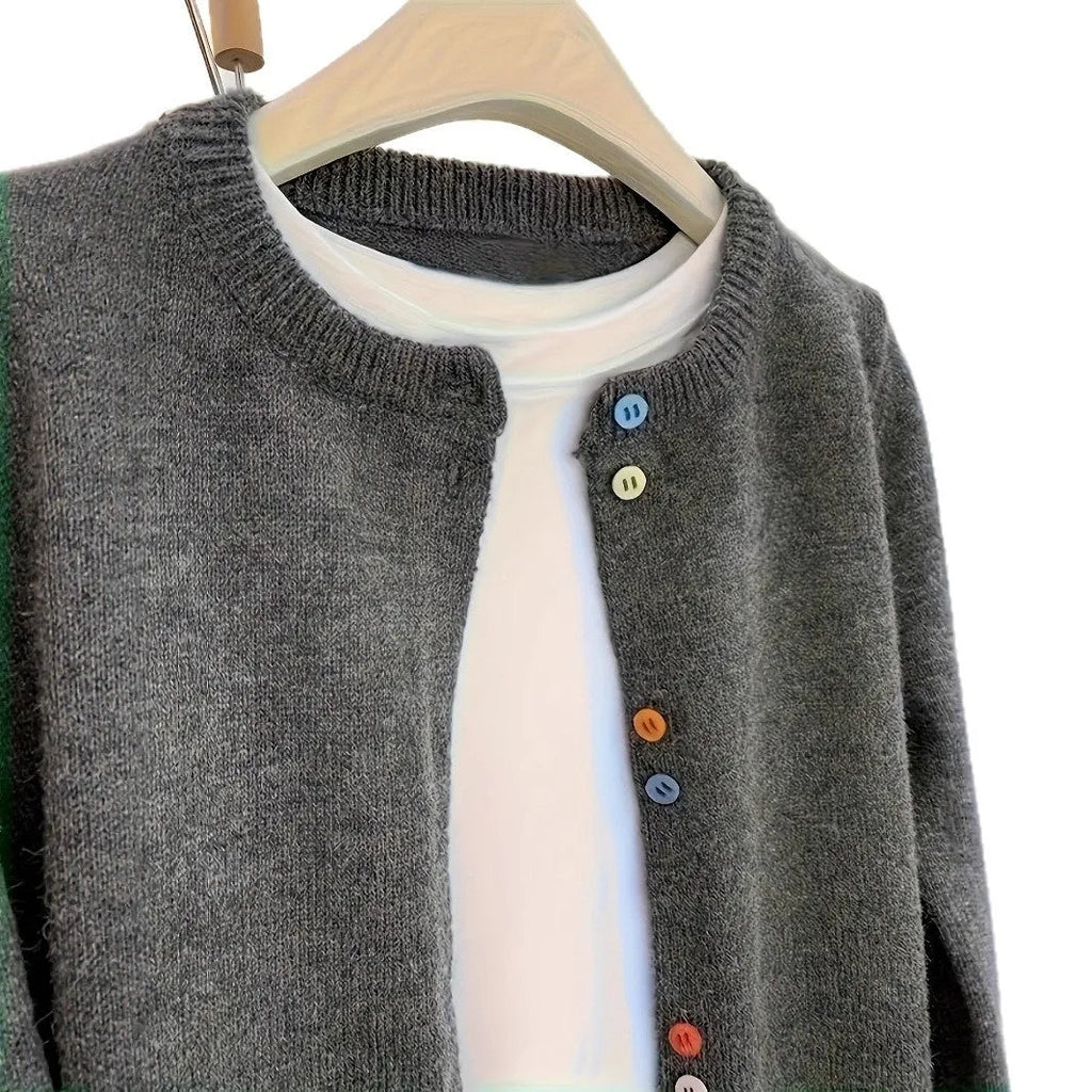 Dark grey women's cardigan sweater with button front and long sleeves.
