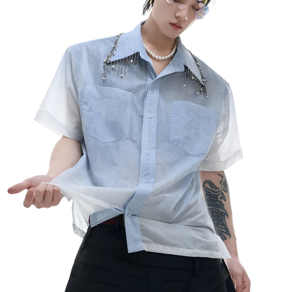 Men's blue and white gradient loose fit short sleeve shirt with quilted design