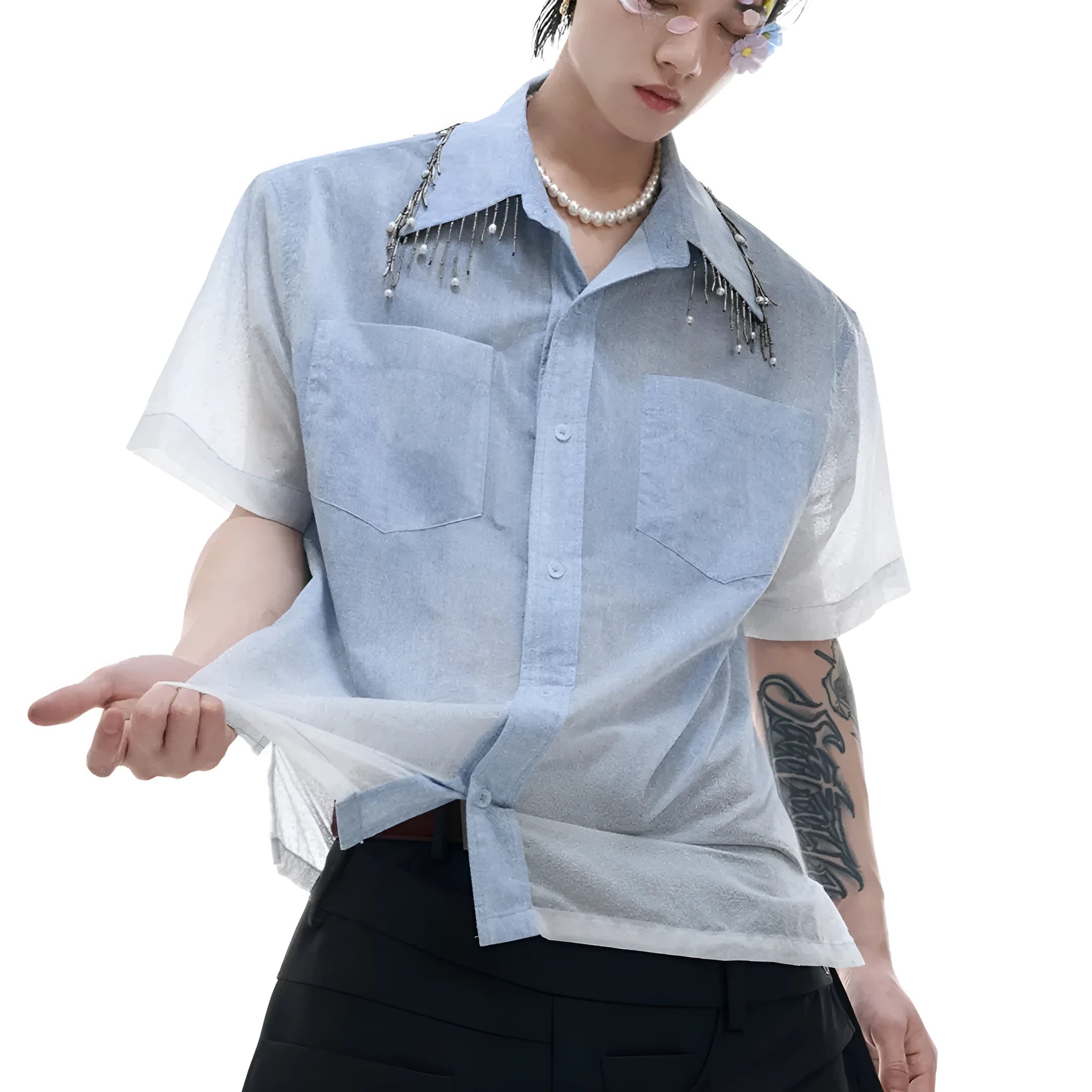Men's blue and white gradient loose fit short sleeve shirt with quilted design