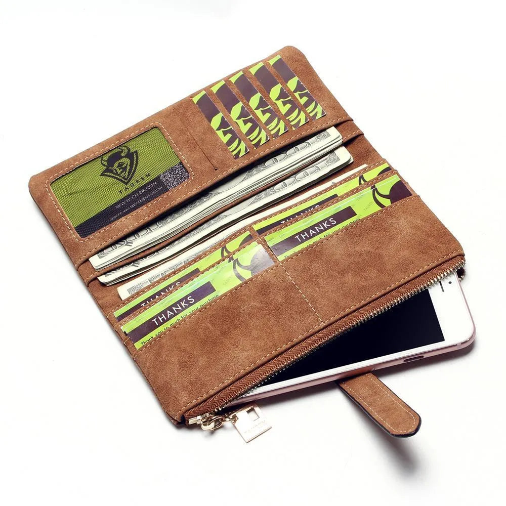 Women's vertical long retro wallet in matte PU leather with zip, shown in Army green colour