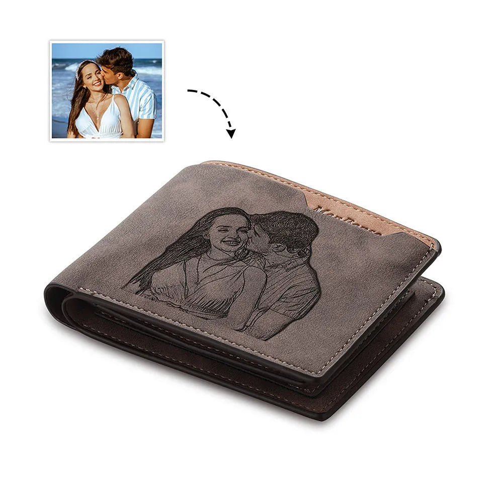 Coffee-coloured engraved horizontal short wallet showing personalised photo engraving and seven card slots