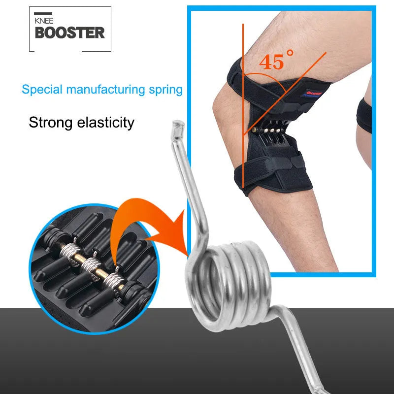 Adjustable spring knee brace in black, shown on a leg, featuring breathable fabric and venting holes for sports support.