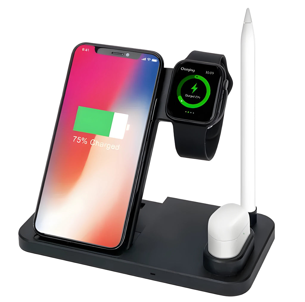 4-in-1 wireless charging station with adjustable stand for Apple Watch, iPhone, AirPods, and Apple Pencil
