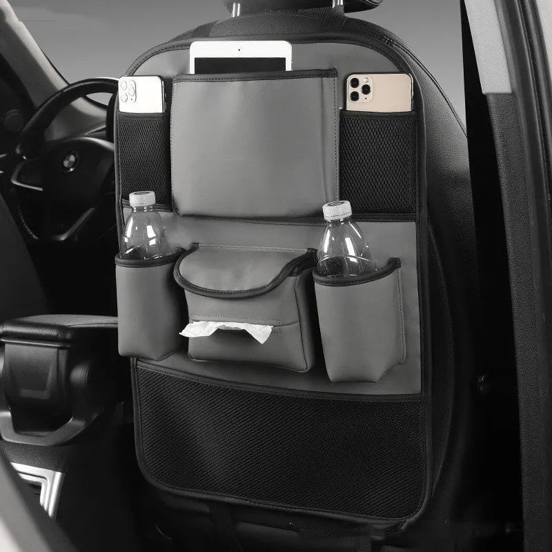 Leather car seat back storage bag in black, grey, green, and brown colour options