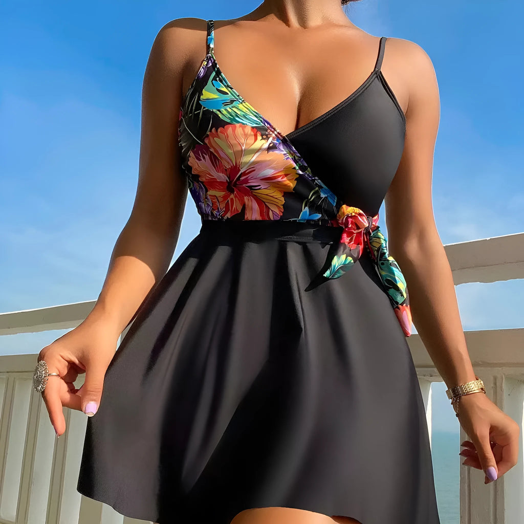 Black women's high-waist briefs with a printed split bikini design for sports and swimming.